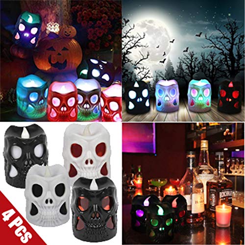 4 Pcs Portable Halloween Candle Skull Shape Electronic Lighting Light Battery Operated Decorative Lights for Bar KTV Halloween Party Decor Indoor Holiday