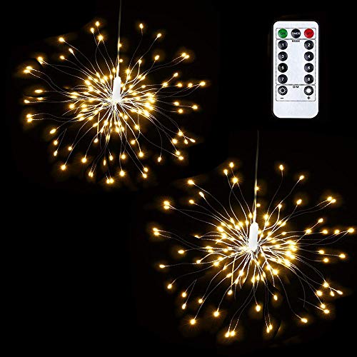Lyhope 2 Pack Fairy Lights 120 Led 8 Modes Battery Operated Starburst Lights Waterproof Dimmable Decorative Starry Lights with Remote Control for HomeWeddingPartyPatioXmas Decor Warm White