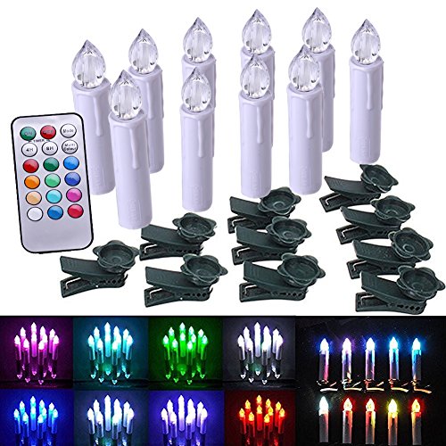 FiveBull Set of 10 Multicolor LED Flameless Taper Candle Flickering LED Candles Tree Light with Remote Timer Function and Removable Clips for Christmas Wedding Party Decoration Multi-colored