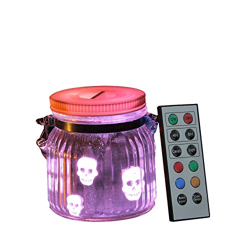 Candle Choice Mason Jar Light Indoor Outdoor Jar Light Battery Operated Lantern with Remote and Timer Halloween Light Skull