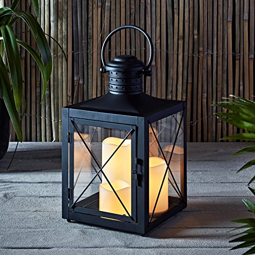 Lights4fun Inc Square Black Battery Operated Lantern with 3 Flameless LED Candles for Indoor Outdoor Use