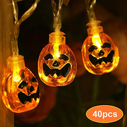 MSDADA 40 Pcs LED Halloween String Lights 3D Jack-O-Lantern Pumpkin Lights 136 Feet SteadyFlashing Battery Operated LED Fairy String LightsHalloween Decorations for Indoor OutdoorWarm White