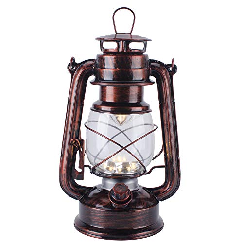 Vintage LED Hurricane Lantern with Dimmer Switch and 15 LEDs Warm White Electric Kerosene Lamp Battery Operated Hand-Painted Red Metal Hanging Lantern for Indoors and Outdoor Usage
