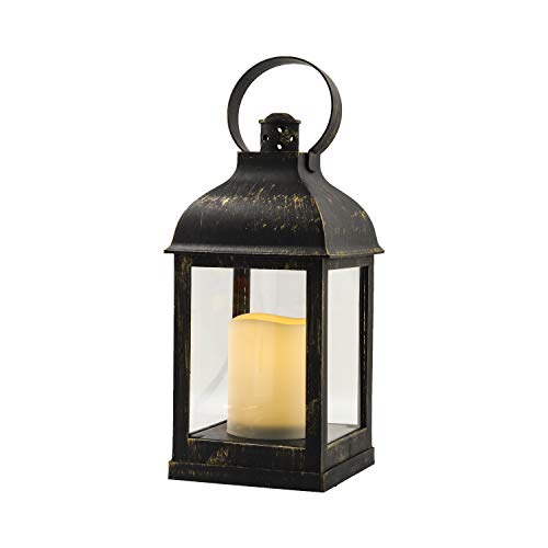 YAKii 10 LED Flameless Candle Lantern with Swinging Ring Yellow Light Flicker Battery Operated Brass Finish