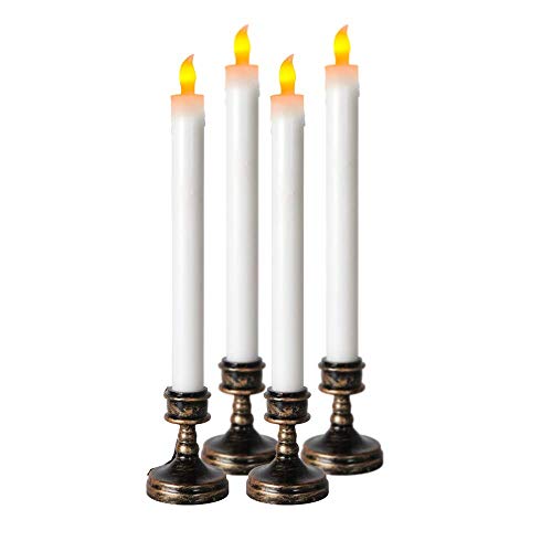 4 PCS Flameless LED Taper Candles Lights Aged Bronze Base ，Battery Operated Tapered Candles with Warm Amber Flicker Flame Window Candles Light（Candle Length 8 34 Inch）