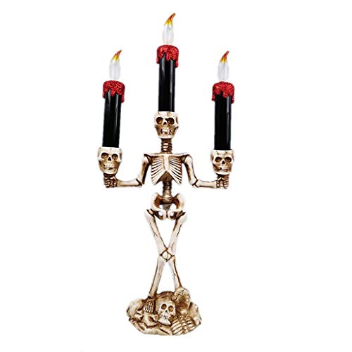 Cher9 Battery Operated 3-Tier Candelabra Led Window Candle Light Wax Dipped Flameless Skull Candlestick Halloween Party Decoration