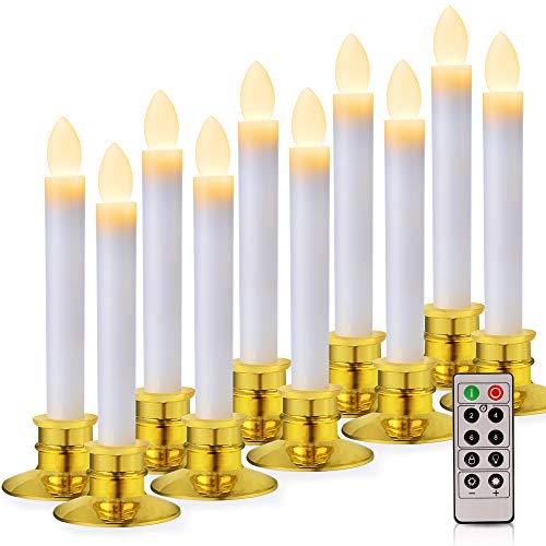 FLY2SKY Christmas Window Candle Lights 10 Pcs Flameless Candles Christmas Decorations LED Candles Battery Operated with Remote Control Timer Gold Candle Holders for Window Decor Party Table top