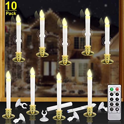 Kithouse 10 Set Christmas Window Candles Lights with Timer Battery Operated Electric LED Taper Candles Flameless Flickering for Windows Christmas Decor Gold Candle Holders Suction Cups Included