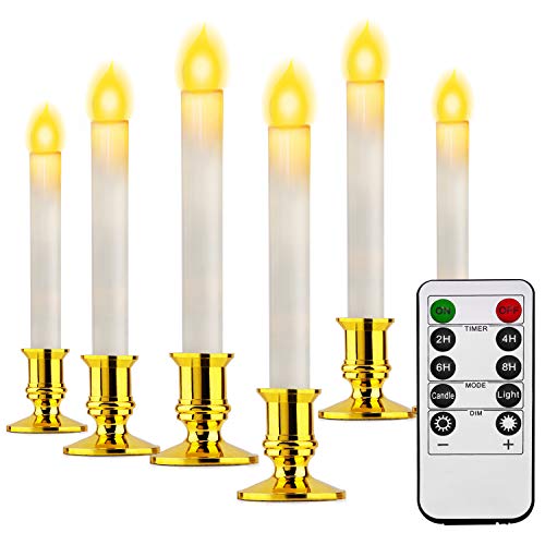 TURN RAISE Christmas Window Candles Lights White Taper LED Window Candles with Timer and Remote Control Battery Operated Candles for Seasonal Festival Celebration Batteries not Included-Set of 6