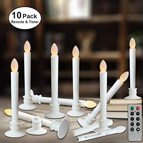Window Candles with Remote Timers Battery Operated Flickering Flameless Led Electric Candle Lights with Removable Tapers Pillar Candle Holders for Christmas Decorations 10pcs White Base