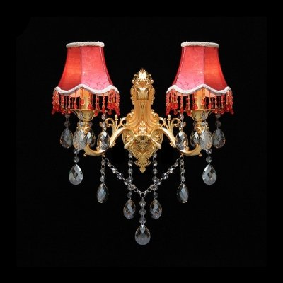 fei Beautiful Classic Decorative Wall Sconce Completed with Elegant Crystal Beads and Bold Red Fabric Shades