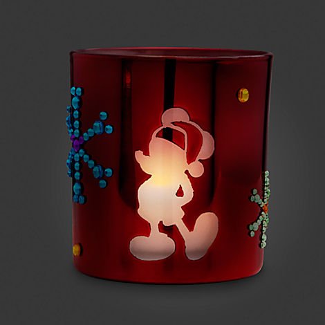 Disney Santa Mickey Mouse Flameless Candle Holder Christmas Holiday Jeweled Gemstone Snowflakes