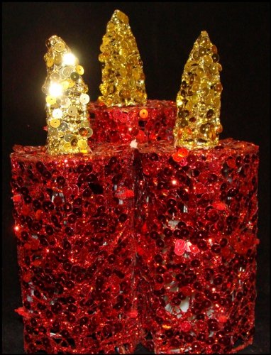 Penn Red And Gold Sequined Flameless Led Lighted Christmas Pillar Candle Trio 9&quot
