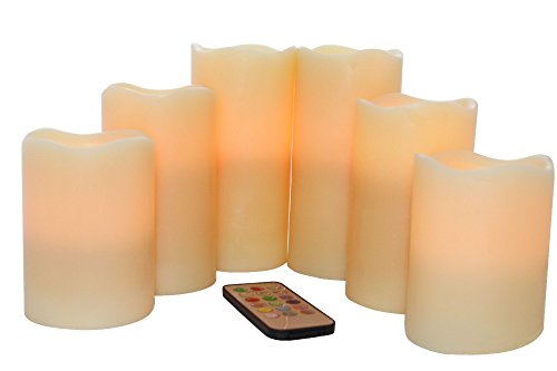 EcoGecko Vanilla Scented Set of 6 Wax Multi-Color Flameless LED Pillar Candles with Remote Timer Ivory