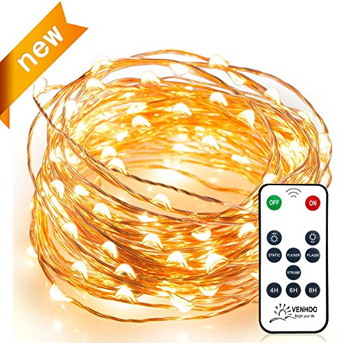 String Lights Venhoo Dimmable Copper Wire LED Starry Lights Waterproof Outdoor Indoor Rope Decorative Lights for Party Patio with Timer Function Remote UL Certified-33ft 100LEDs Warm White