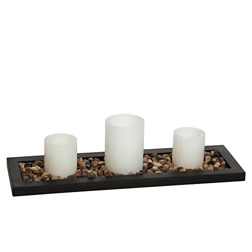 Hosleys Flameless LED Candle Gift Set - Set of 3 Pillar Candles Decorative Pebbles and Wood Tray Ideal Gift for Home Office Wedding Party Family Room Spa Aromatherapy Candle Gardens