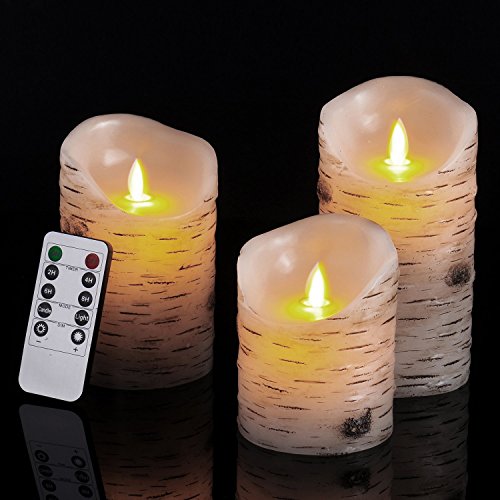 Calm-life Flameless Candles with brich effect 4 5 6 Set of 3 Dripless Real Wax Pillars Include Realistic Dancing LED Flames and 10-key Remote Control with 24-hour Timer Function
