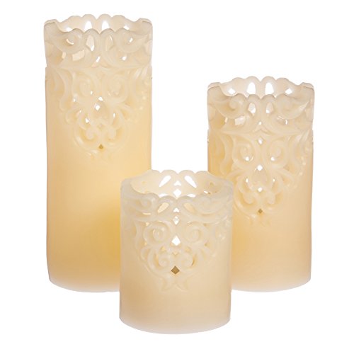 Cypress Home Ivory Engraved Battery Operated Flameless LED Wax Pillar Candle with Remote Set of 3