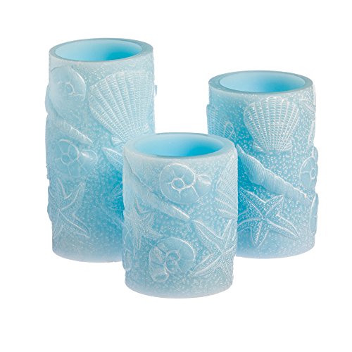 Cypress Home Seashell Embossed Battery Operated Flameless LED Wax Pillar Candle with Remote Set of 3
