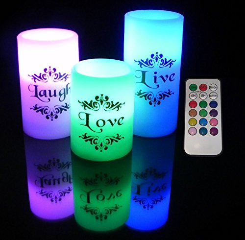 Egi - Set Of 3 Flickering Flameless Candles With Multi Color Remote Control And Timer - Romantic Led Candles -