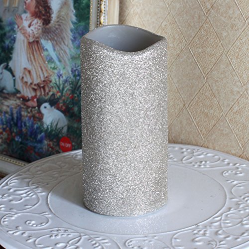 Home Impressions 3x6 Inch Melted Edge Flameless Real Wax Led Pillar Candle With Timersilvery Color Glitter Powder