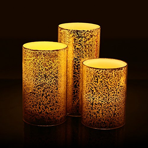 Premium Flameless Candles By Vinkor - Gold Mercury Glass Flameless Pillar Led Wax Candles - Holiday Design - Ideal For Ambient Romantic Atmosphere - Timer Remote Controlled - Set of 3