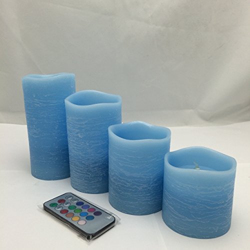 Blue LED Candles with Timer-real wax rustic effect-Multi Function Remote control Color Changing flickerNIGHT Light Mode Options-ocean scent3 by tall 3456 set of 4-by Adoria