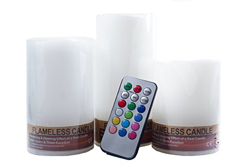 3 Pillar Ivory Real Wax Candle Set of FLAMELESS LED Multi-color changing Flickering candles with remote featuring timer