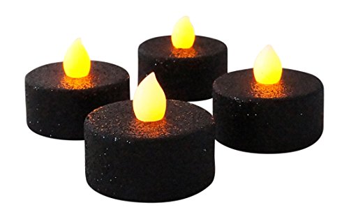 Black Glitter LED Tea Light Candles with Orange Flickering Flame Set of 4