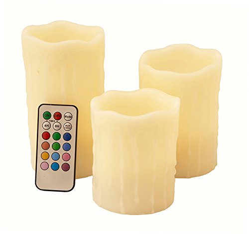 Safeway Candlelites - Set of 3 Drip-Look Round LED Candle Lights 3 4 6 Vanilla Scented Flameless Color Changing With Flickering Flame Smooth Real Wax High Performance With Remote Control Timer