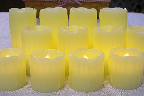 Set of 12 LED Real Wax Pillar Candles - Realistic Flameless Flickering Flame Yellow Amber Glow - Flameless Candles each with a 5 Hour Timer - Dripping Wax Decorations Centerpieces