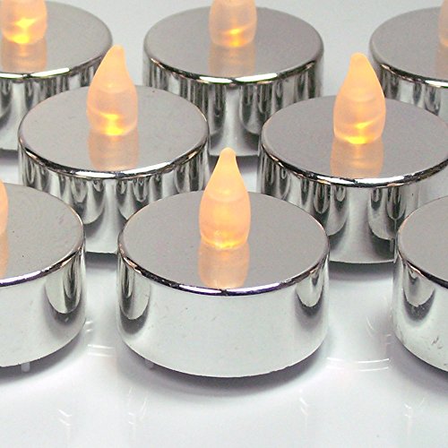 Silver Candles - Set of 24 Flameless Tealights - Metallic Silver Candles with Flickering Flame - Silver Decorations - Silver Wedding Decorations - Graduation Parties - No Flame Candles