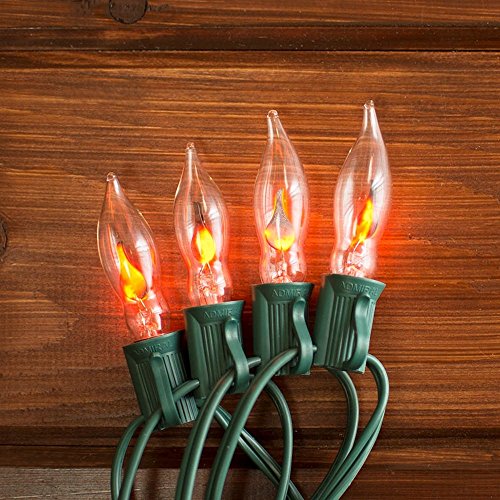 Flickering Flame String Lights 25 Outdoor C7 Bulbs 25 Foot Green Wire End To End Connectable Holiday Lighting