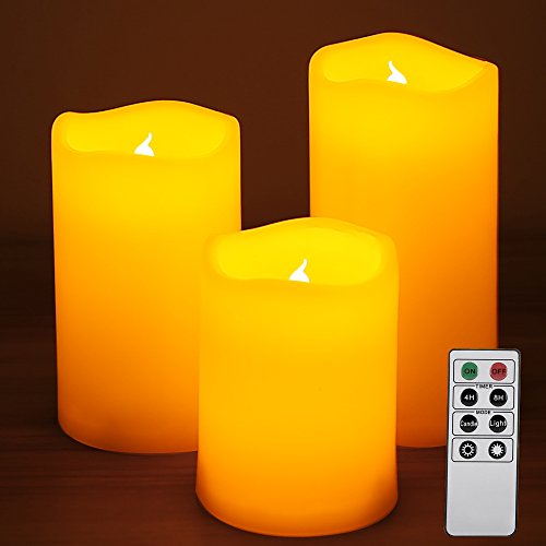 LE 3 Pack Flickering LED Flameless Candles with Remote Control Timer Dimmable 2 Light Modes Weatherproof Yellow valentines Decoration Battery Powered LED Votive Candles Party Weddings