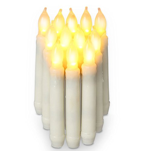 Guanxing Set of 12 Yellow Flameless Ivory Mini Wax Dipped LED Flameless Taper Candles Amber Flickering Light Bulbs- Batteries Not Included - 078x 65