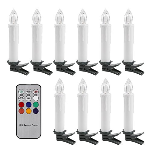 Lemonbest Battery Operated LED Flameless Taper Candles with Remote Control and Removable Clips for Christmas Decoration Set of 10
