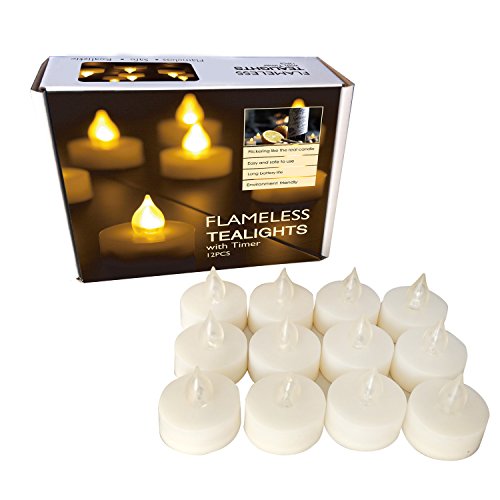 Candle Choice Set of 12 Premium Flameless Tealights with Timer Battery-operated Candles Long Battery Life 200 Hours Battery Included Bright LED
