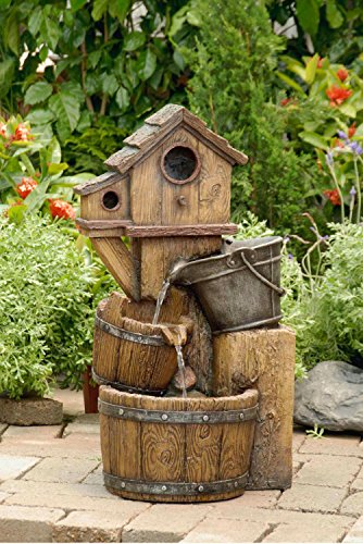 258 Rustic Bird House with Buckets House Outdoor Patio Garden Water Fountain