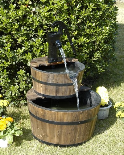 Wood Barrel With Pump Outdoor Water Fountain - Large Garden Water Fountain Product Sku Pl50001