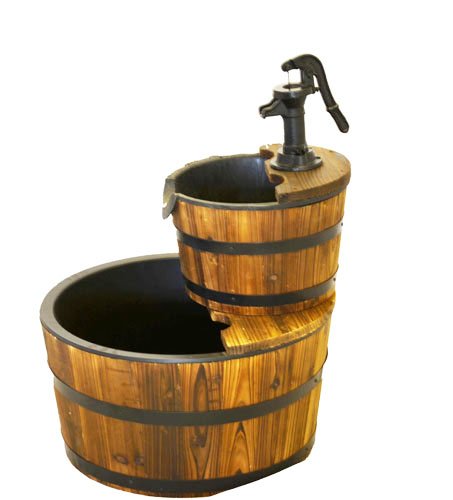 Wood Barrel with Pump Outdoor Water Fountain - Medium Size Garden Water Fountain Product SKU PL50066