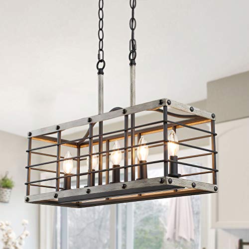 LOG BARN Dining Light 5-Light Pendant Light for Island in Faux Wood and Dark Grey Metal Finish 22 Medium Barn Chandelier