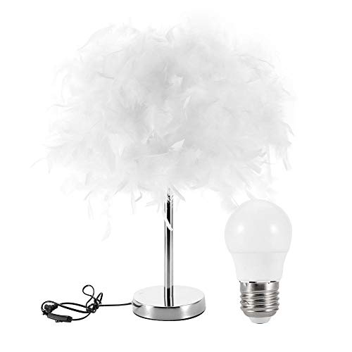 White Feather Decorative Table Lamp Modern Study Simple Bedroom Bedside Button Switch LED Night Light 110-240V US Plug for Home Indoor Living RoomSmall