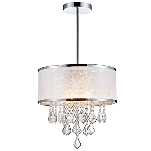 ANJIADENGSHI Modern K9 Crystal Raindrop Chandelier Lighting Drum LED Ceiling Light Fixture Pendant Lamp for Dining Room Bedroom Living Room 4 E12 LED Bulbs Height 14 x Width 16