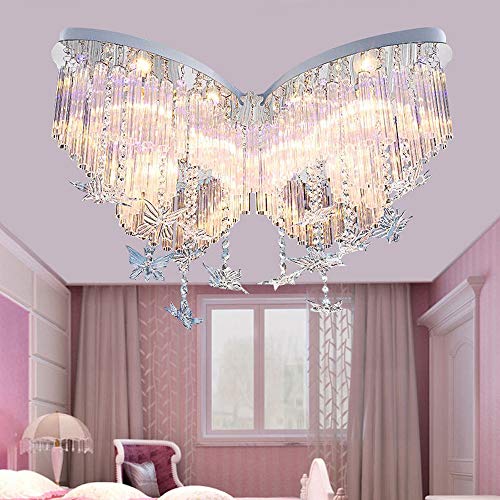 LITFAD Modern Art Deco Ceiling Light 2362 Wide Butterfly Shaped Crystal Raindrop Discoloration Pendant Light LED Flush Mount Fixture for Girls RoomKids BedroomStudy Room