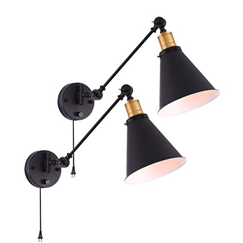 Larkar Dimmable Wall Lamp Industrial Plug in Wall Sconces Lamp Vintage Style Swing Arm Wall Lamp with OnOff Switch Metal Black Wall Mounted Light Fixture for Indoor Bedroom-Set of 2