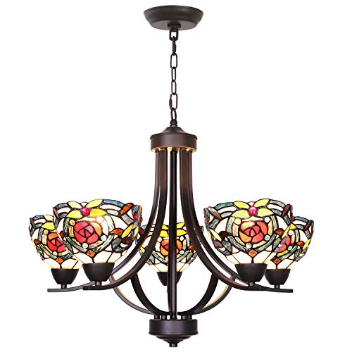 VINLUZ 5 Light Tiffany Chandeliers Lighting Victorian Antique 7-inch Stained Glass Shaded Oil Rubbed Bronze Pendant Lights Traditional Ceiling Light Fixtures Hanging for Dining Room Bedroom