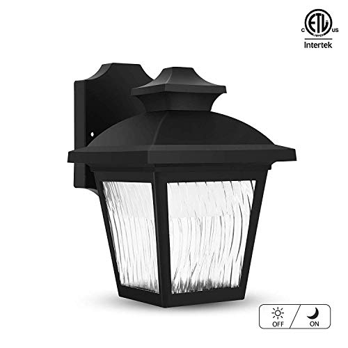 FUDESY Classic LED Outdoor Wall Lantern with Dust to Dawn Sensor Black Polypropylene Plastic Porch Lamp with Water Ripple Acrylic Lenses Waterproof Porch Light FixturesP736LPS