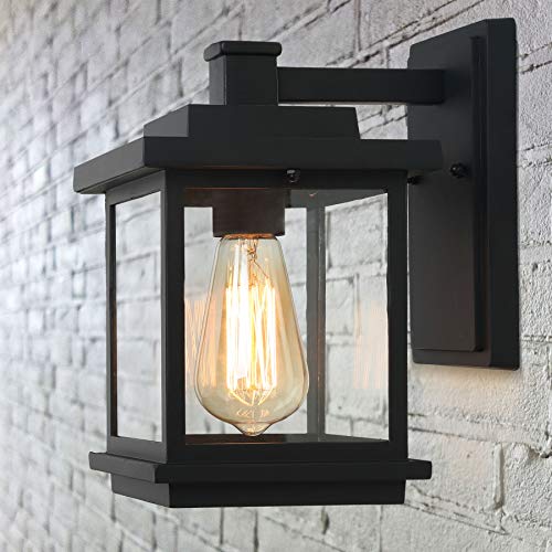 LALUZ A03156 Exterior Light Fixtures Farmhouse Outdoor Wall Lantern in Black with Clear Glass for Porch Barn