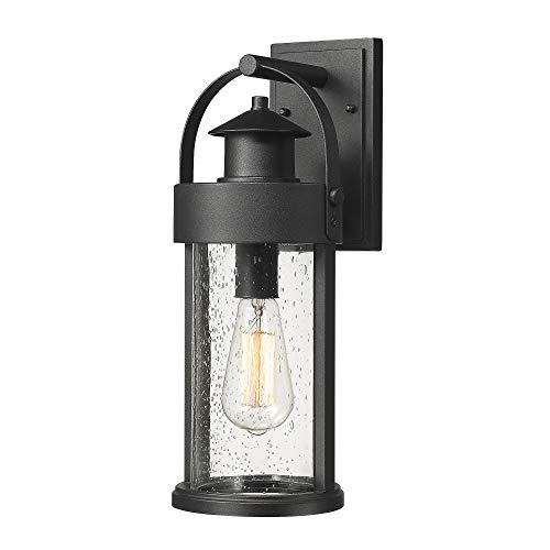 Zeyu Wall Mount Porch Light Fixtures 1-Light Outdoor Wall Lantern Sconce in Black Finish with Seeded Glass 16 Height 0391-WD