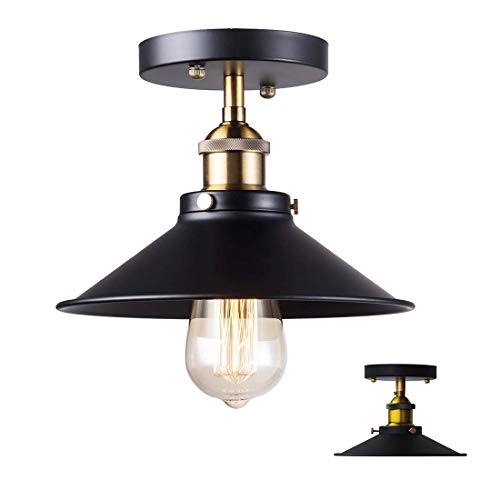 HTRUIYA Umbrella Ceiling Lamp Semi Flush Mount Light Fixture Retro Industry Single Head Little Black Skirt Ceiling Light Edison Vintage Barn Light Black